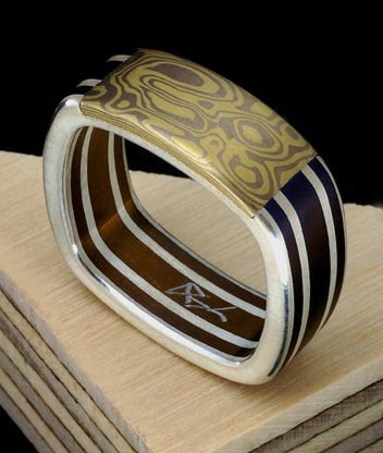 square mokume gane titanium ring